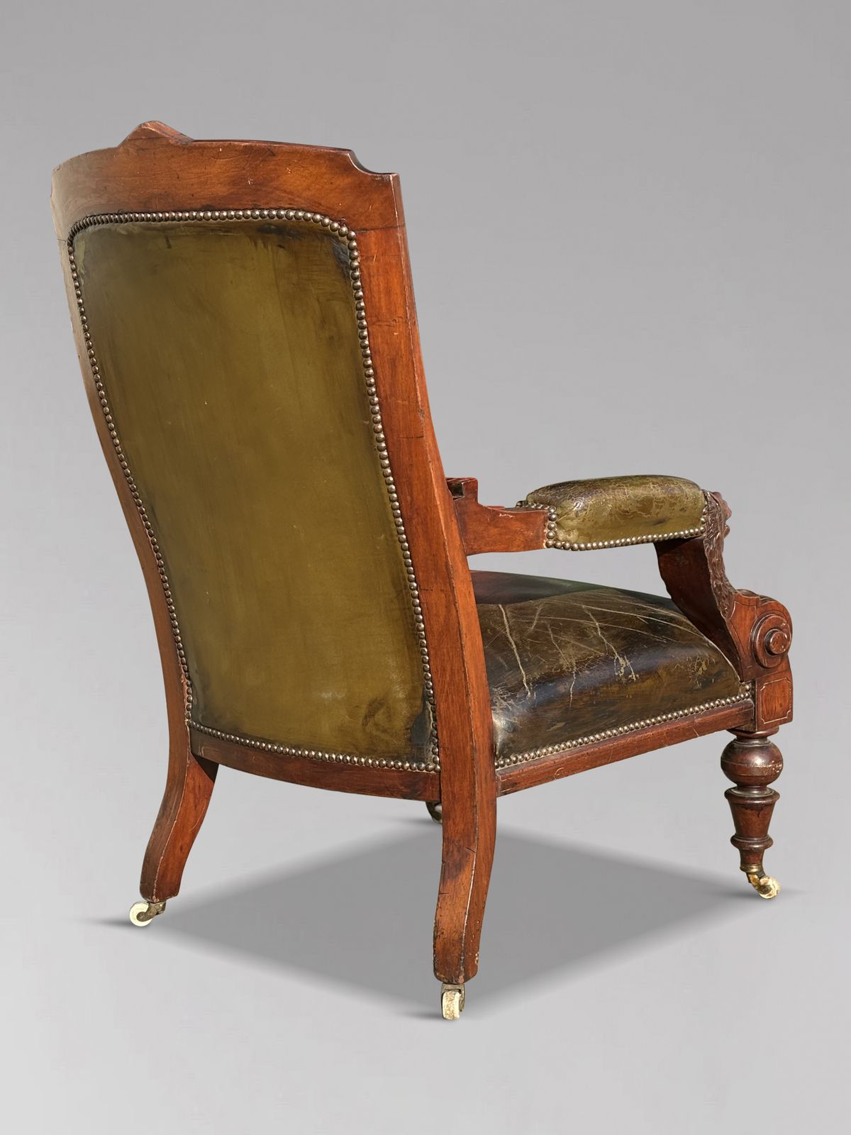 19th Century Arts & Crafts Carved Walnut Leather Library Armchair photo vinterior