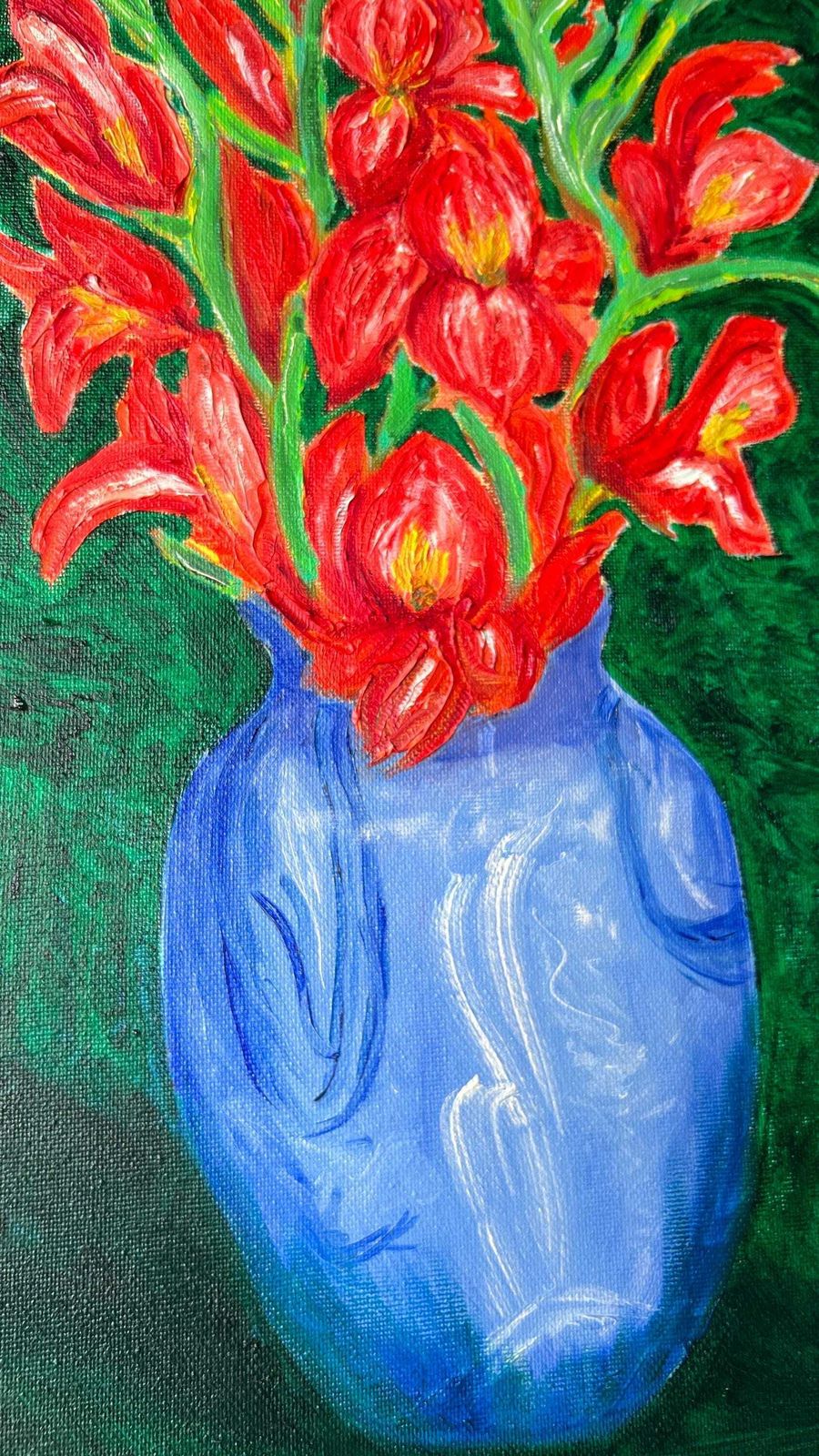 Contemporary Still Life Oil Painting – Red Gladiolus In Blue Vase photo buy