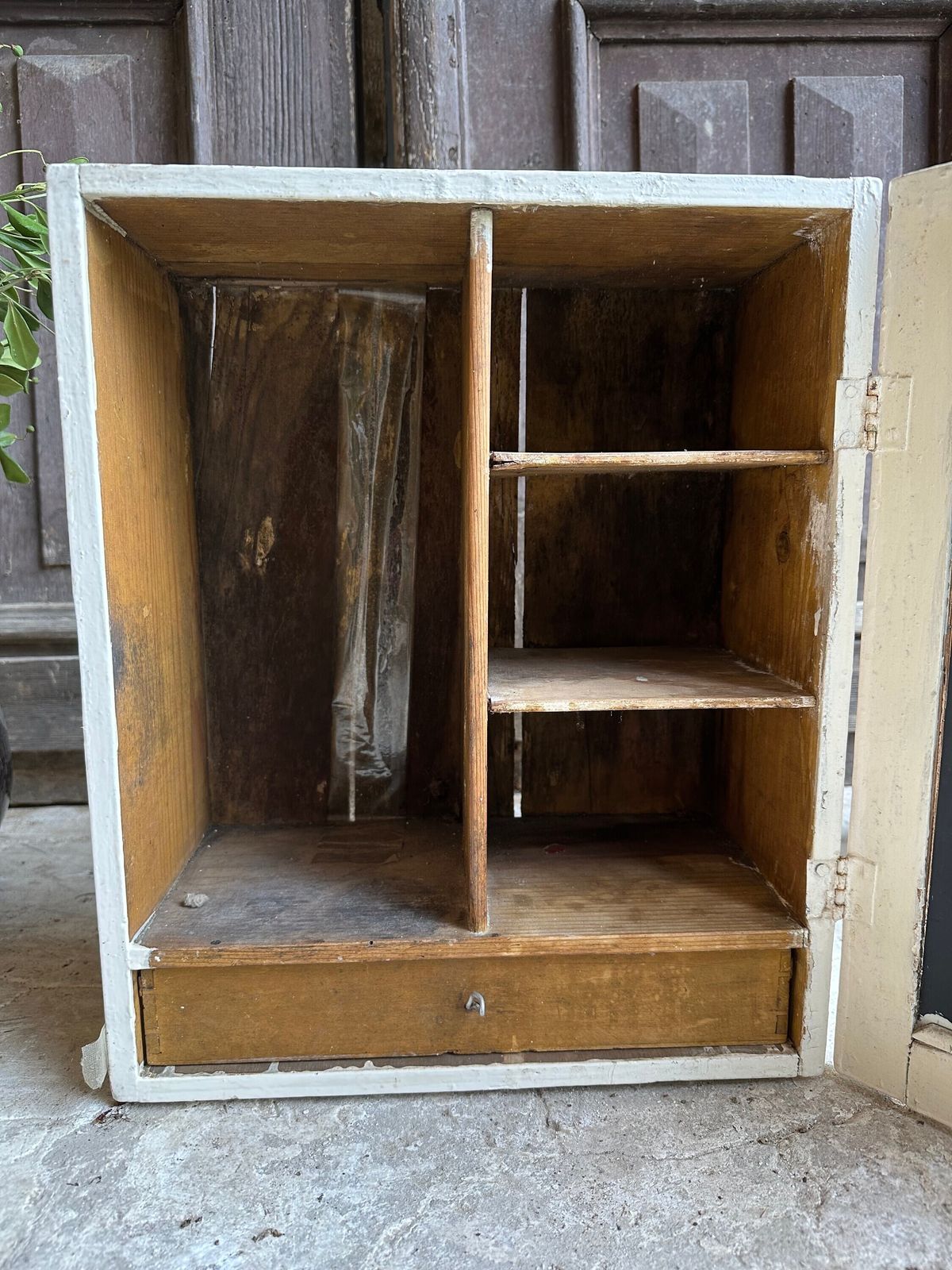 Medical Cabinet Wooden Mirror Chippy White Scratch Built Solid Wood. C1920s Hand Made Hospital Cupboard. Or Kitchen Drinks Food, Trinkets photo for sale