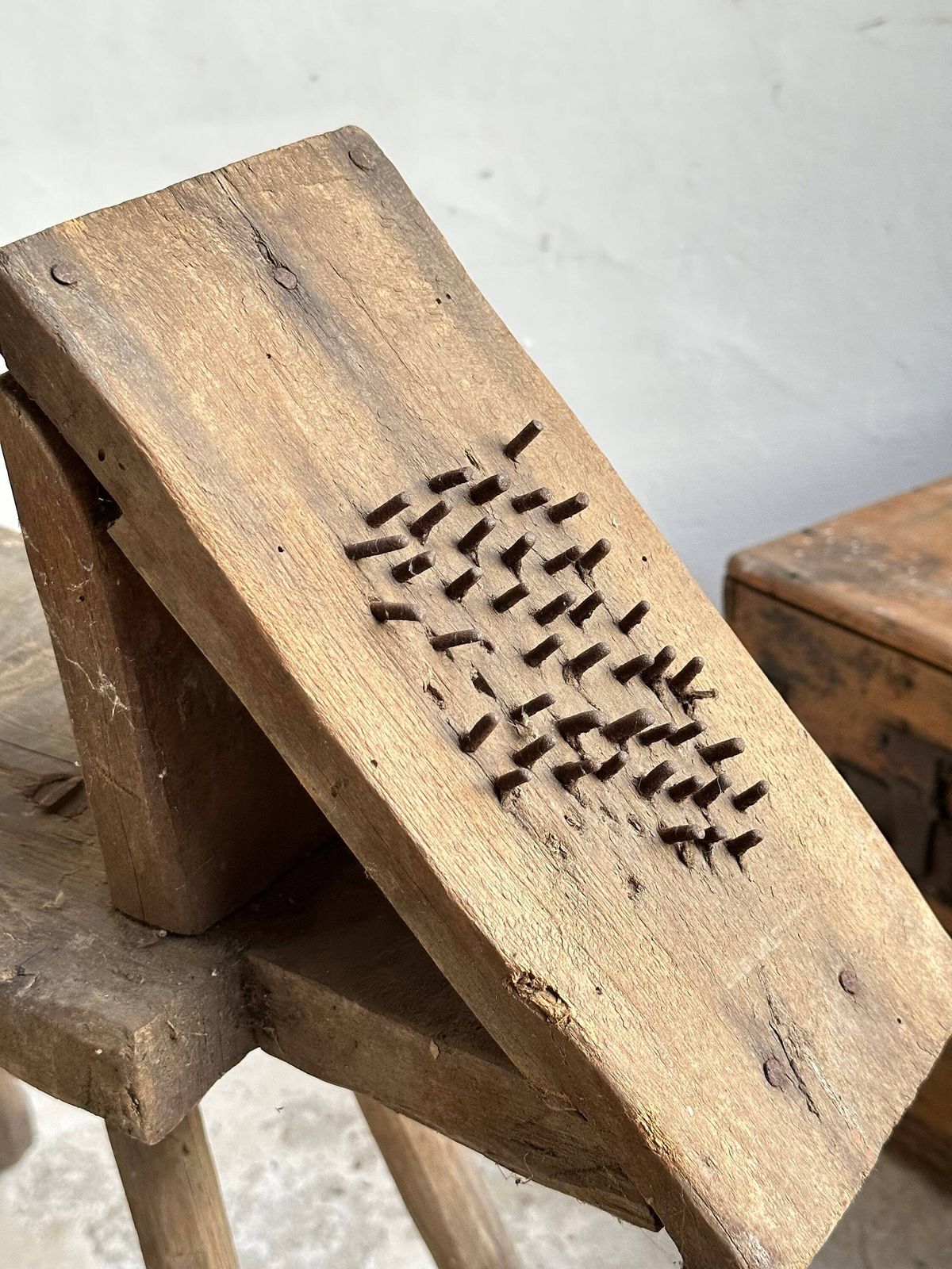 Timeless Heritage: Antique Oak Wool Shredder & Primitive Bench   Handcrafted Elegance For Spinning And Seating Rare Slice Of Farming History photo for sale