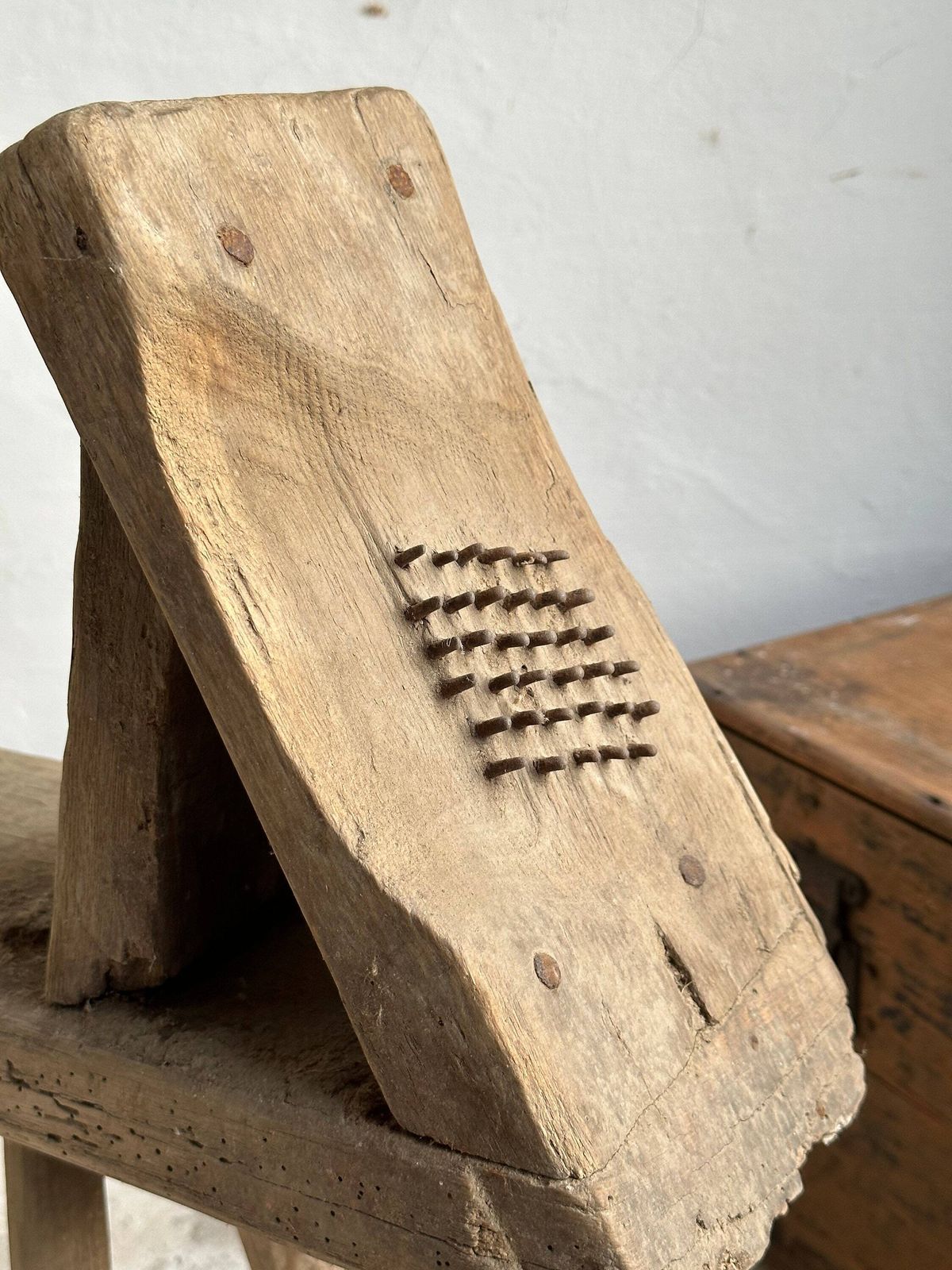 Vintage Oak Wool Shredding Bench: Primitive Farm Tool Seating, Handmade Craftsmanship Rare Agricultural Artifact Collectors Historical Item photo furniture