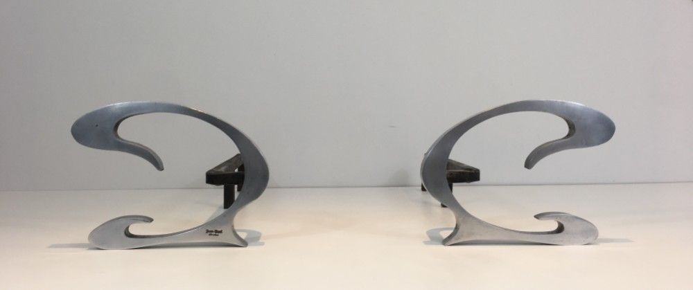 Jean Paul Créations. Pair Of Design Brushed Steel And Iron Andirons. photo for sale
