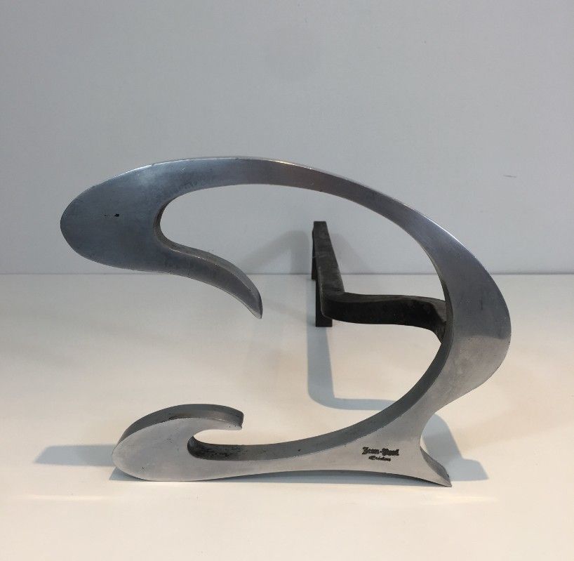 Jean Paul Créations. Pair Of Design Brushed Steel And Iron Andirons. photo buy