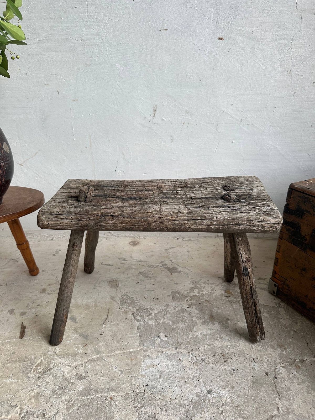Vintage Rustic Hand Made Milking Stool Or Primitive Bedside Occasional Table. Hand Crafted In The Early 1900, Shabby Gnarly Patina