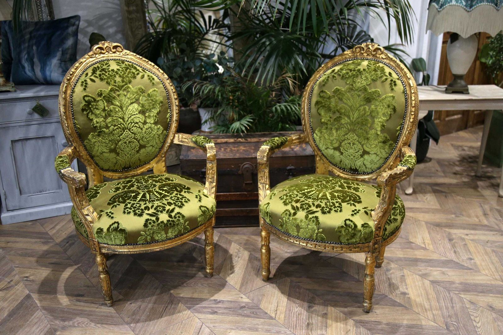 Pair Of King Luis XV Matching Salon Chairs In Rich Green Silk