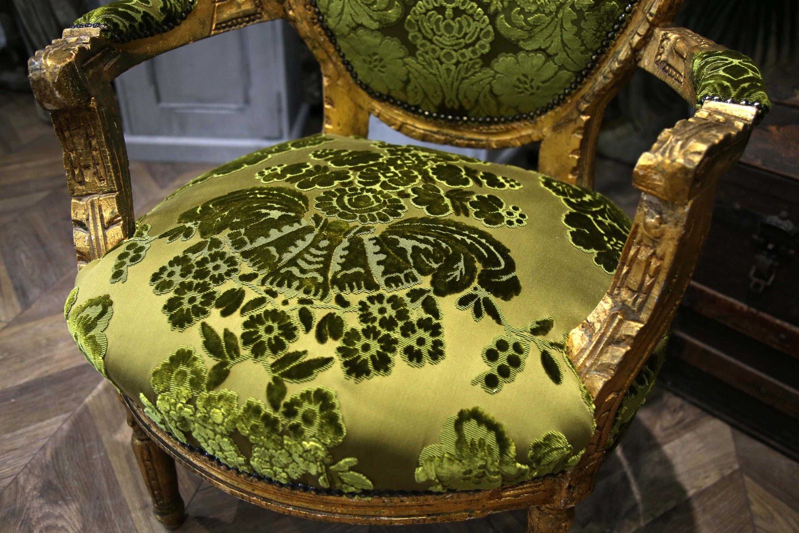 Pair Of King Luis XV Matching Salon Chairs In Rich Green Silk photo Furniture