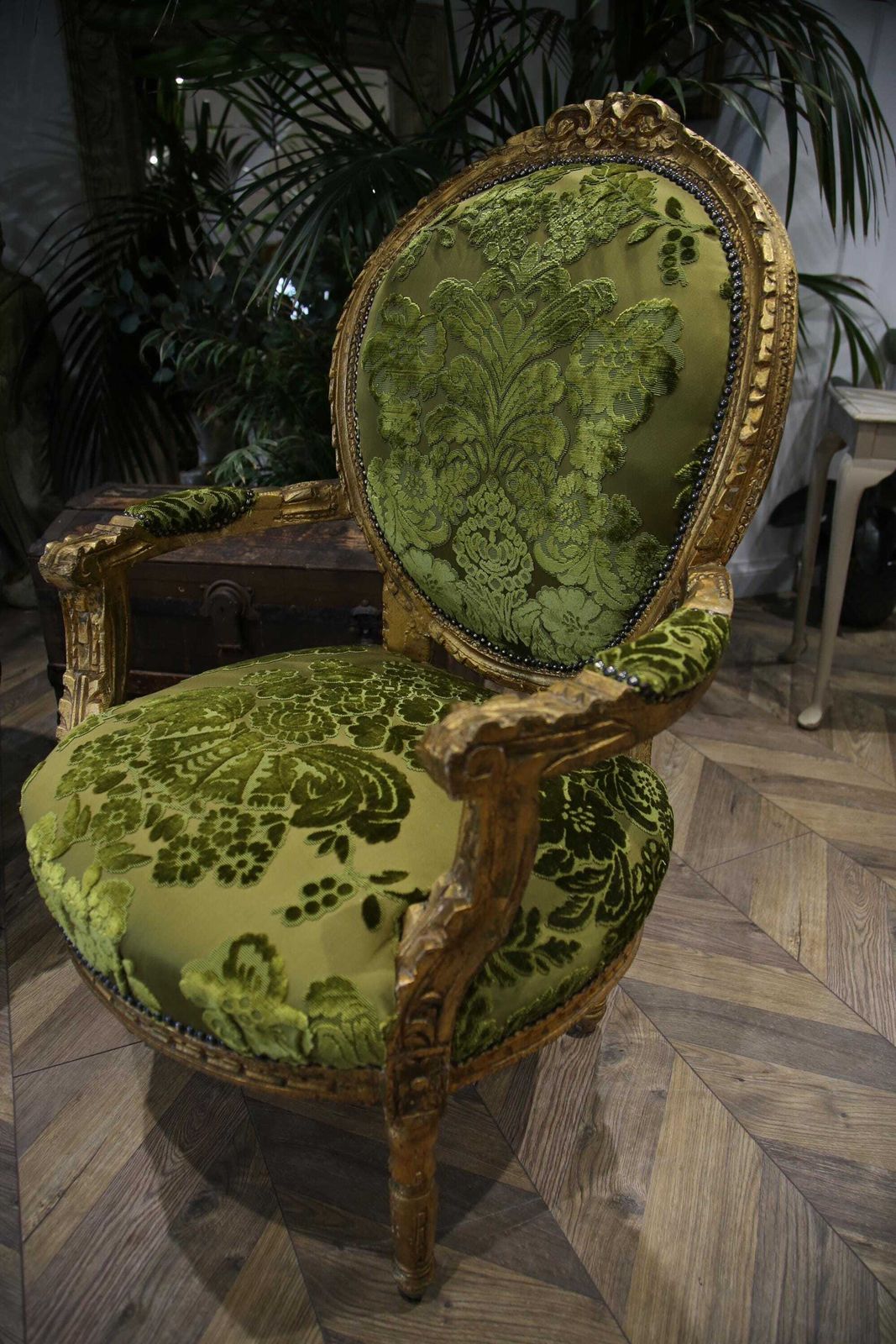 Pair Of King Luis XV Matching Salon Chairs In Rich Green Silk photo buy