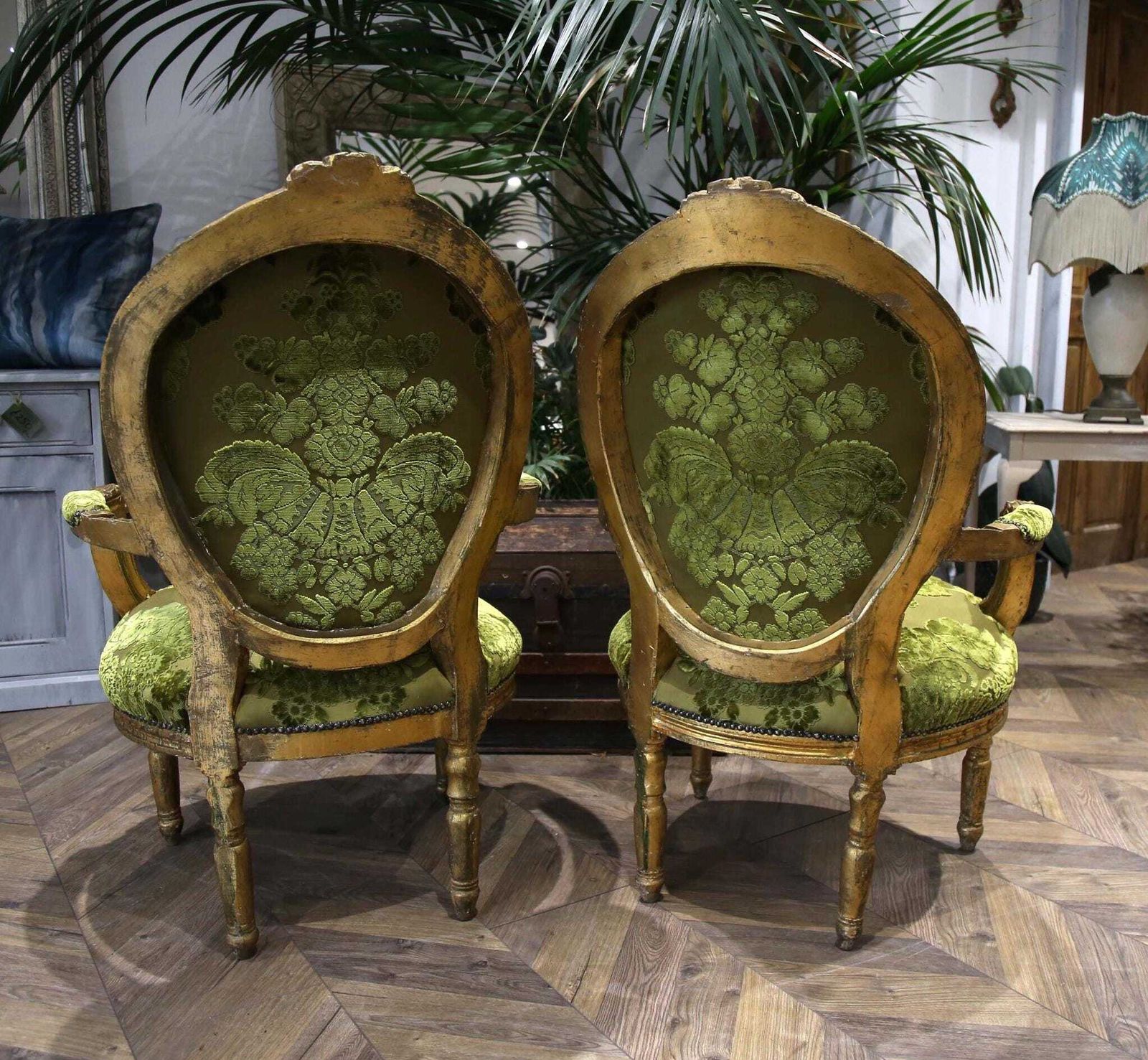 Pair Of King Luis XV Matching Salon Chairs In Rich Green Silk photo vintage