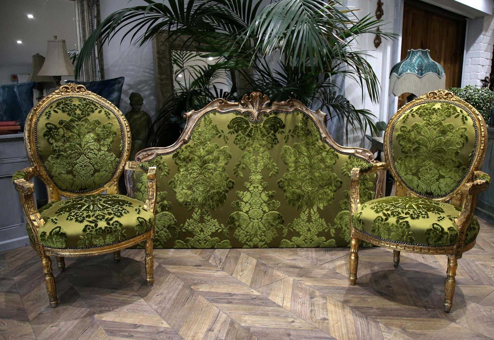 photo for sale Pair Of King Luis XV Matching Salon Chairs In Rich Green Silk