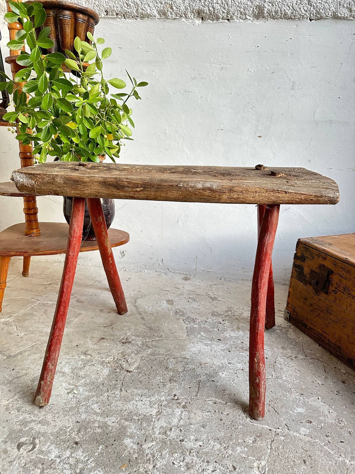 Antique Rustic Hand Carved Wooden Milking Stool Or Small Table, Rustic Farmhouse Seat, Primitive Hand Made, Hungarian 1920s Work Table