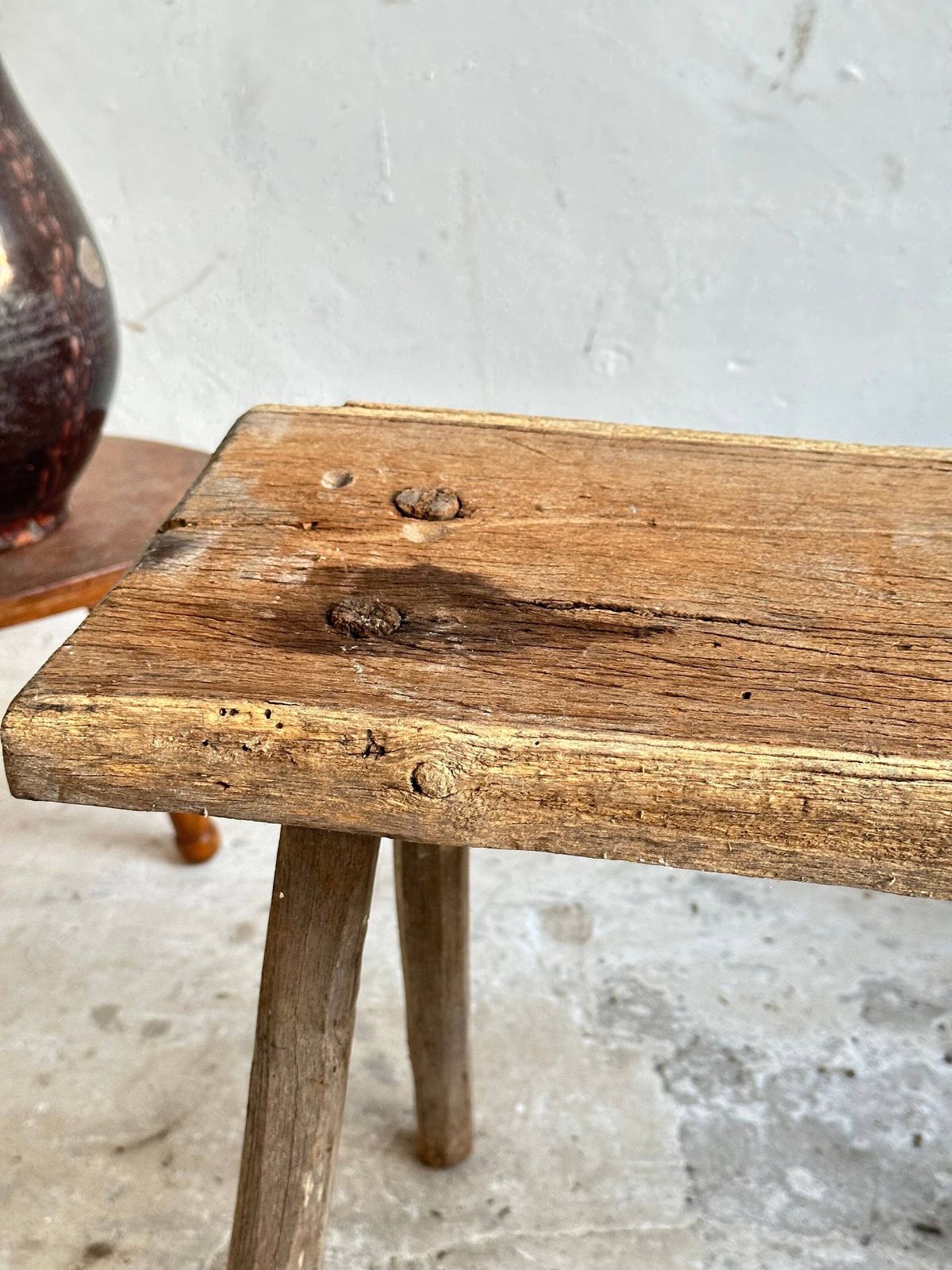 Vintage Rustic Hand Made Milking Stool Or Primitive Bedside Occasional Table. Hand Crafted In The Early 1900, Shabby Gnarly Patina photo for sale