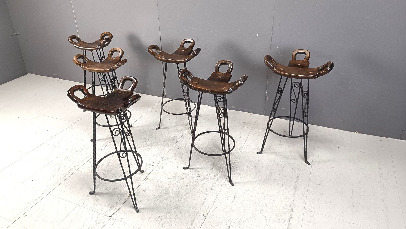 Vintage Spanish Wrought Iron Bar Stools, 1960s   Set Of 6 photo vinterior
