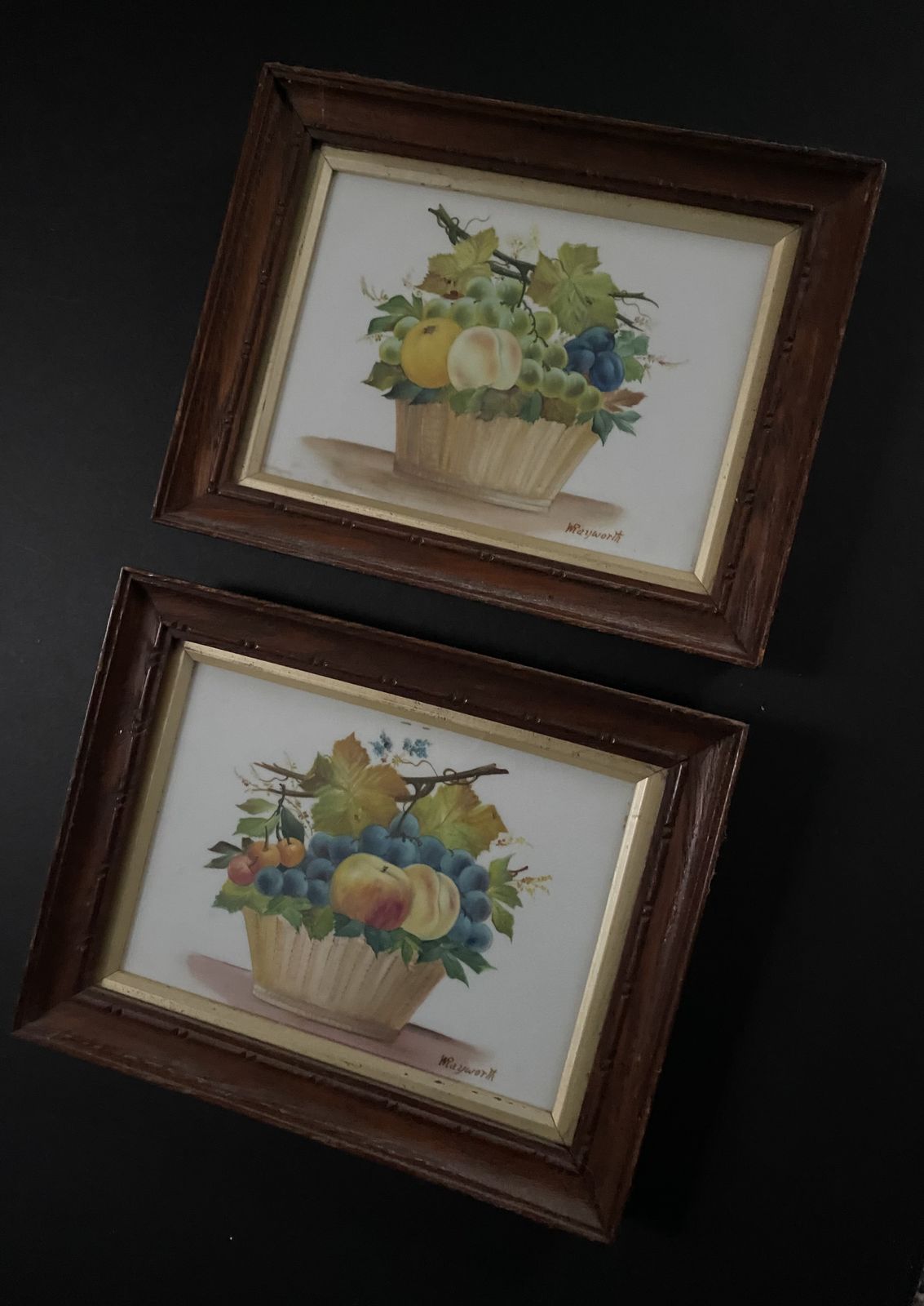A Pair Of Antique Unique Paintings On Porcelain In Oak Frames. photo Art