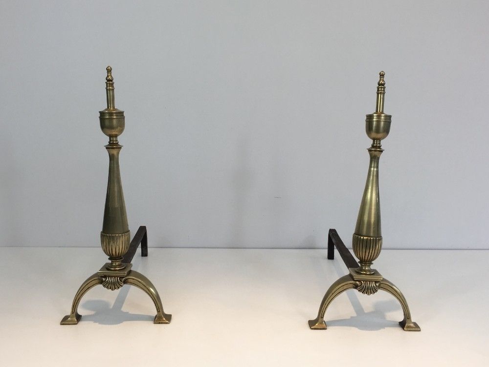 Pair Of Neoclassical Brass And Wrought Iron Andirons.