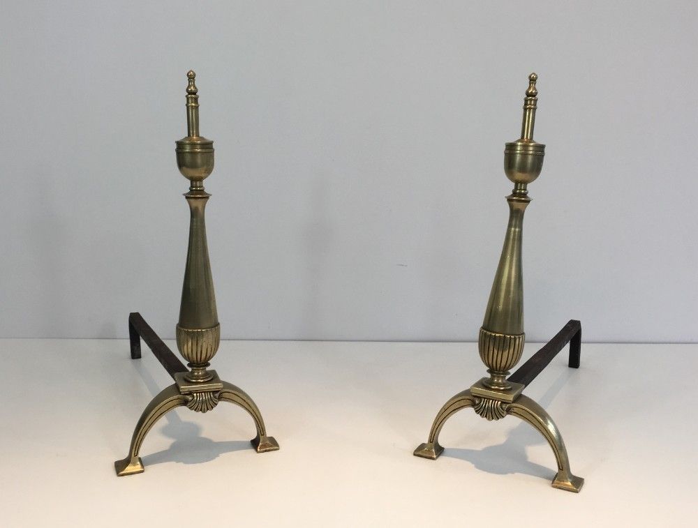 Pair Of Neoclassical Brass And Wrought Iron Andirons. photo furniture