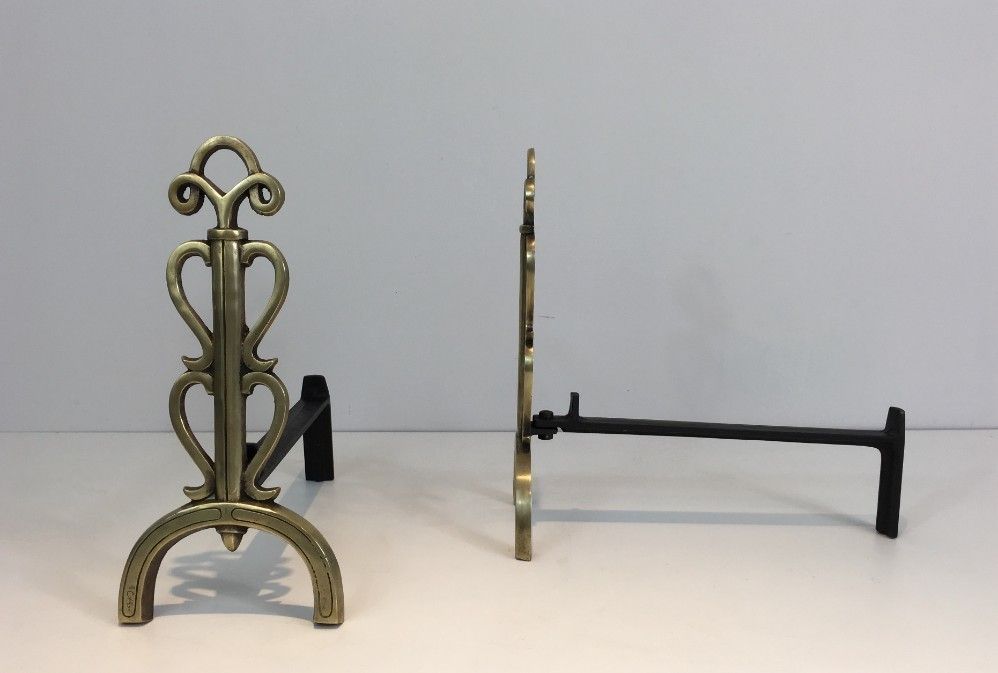 In The Style Of Raymond Subes. Bronze And Iron Andirons. Signed. photo for sale