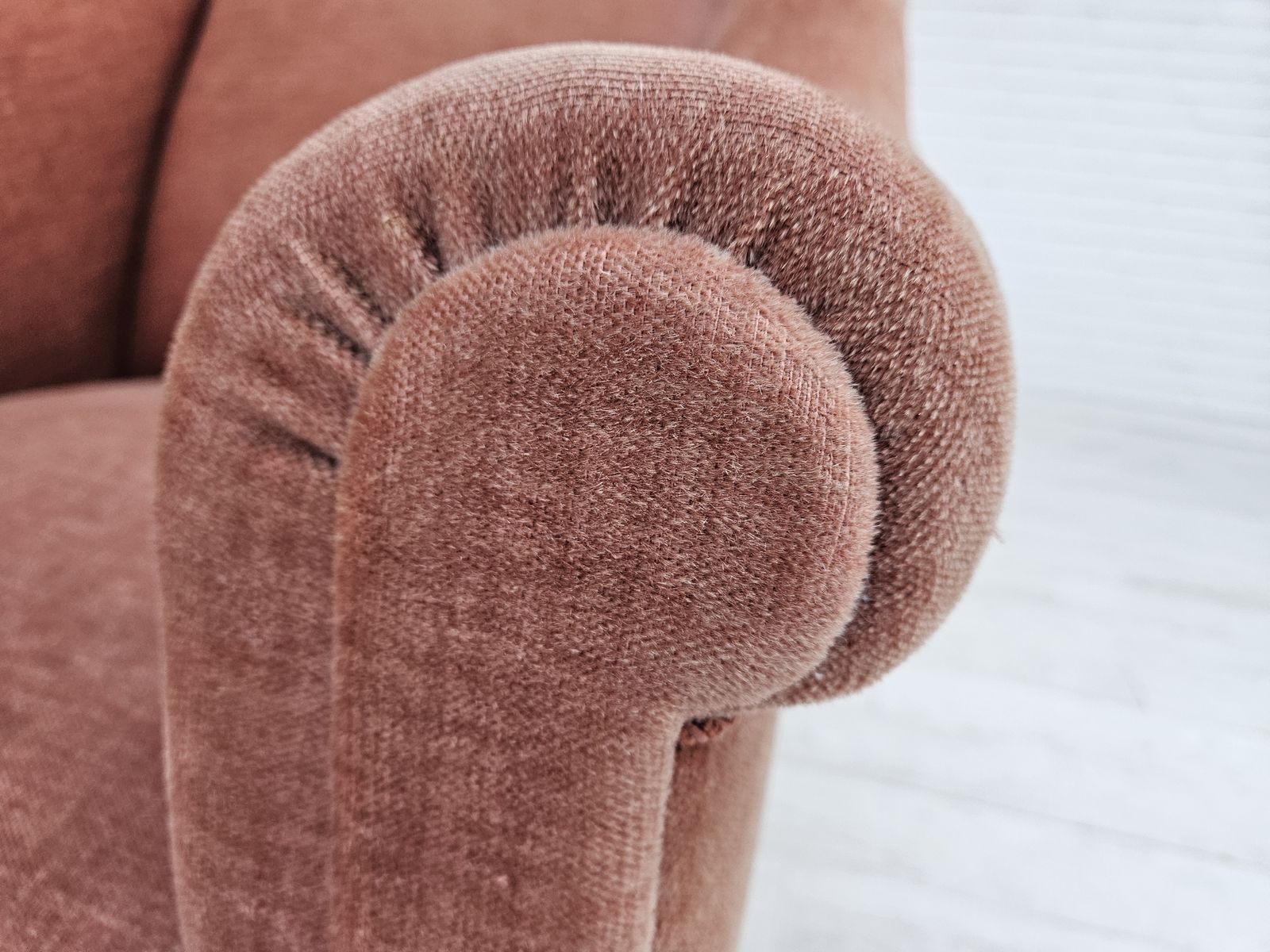 1960s, Danish Lounge Chair, Salmon Pink Furniture Velour, Ash Wood Legs. photo furniture