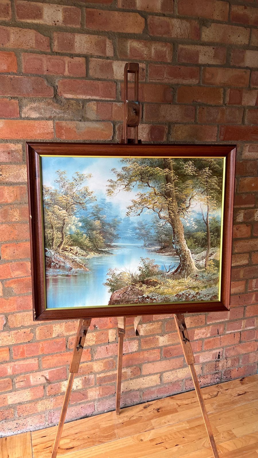 Late 20th Century Oil Painting On Canvas – Serene Riverside Landscape photo furniture
