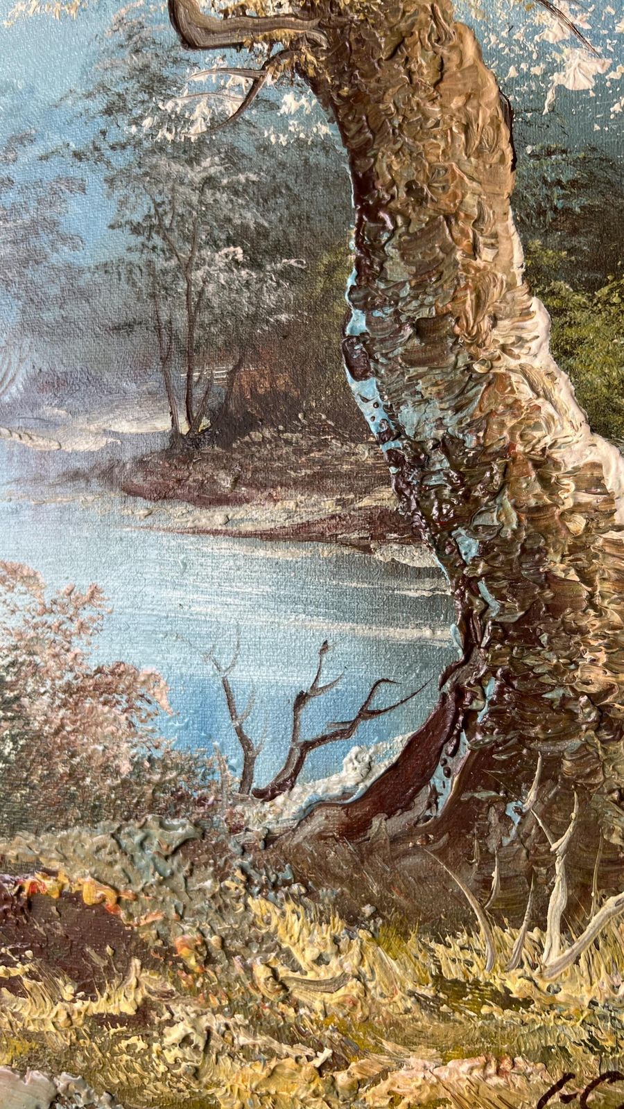 Late 20th Century Oil Painting On Canvas – Serene Riverside Landscape photo buy