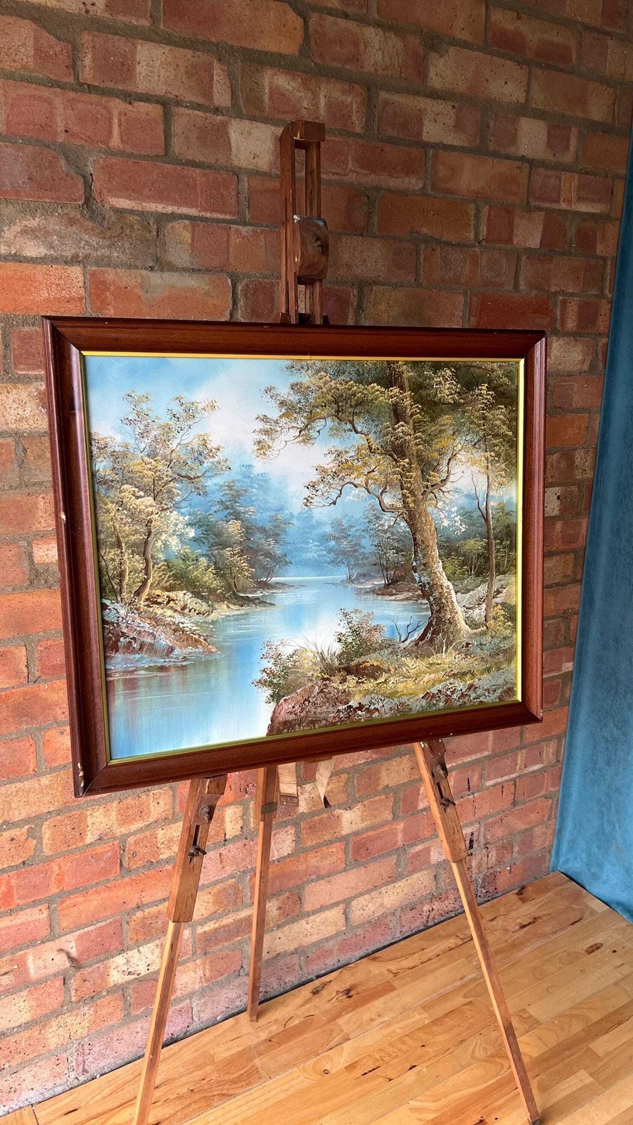 photo for sale Late 20th Century Oil Painting On Canvas – Serene Riverside Landscape