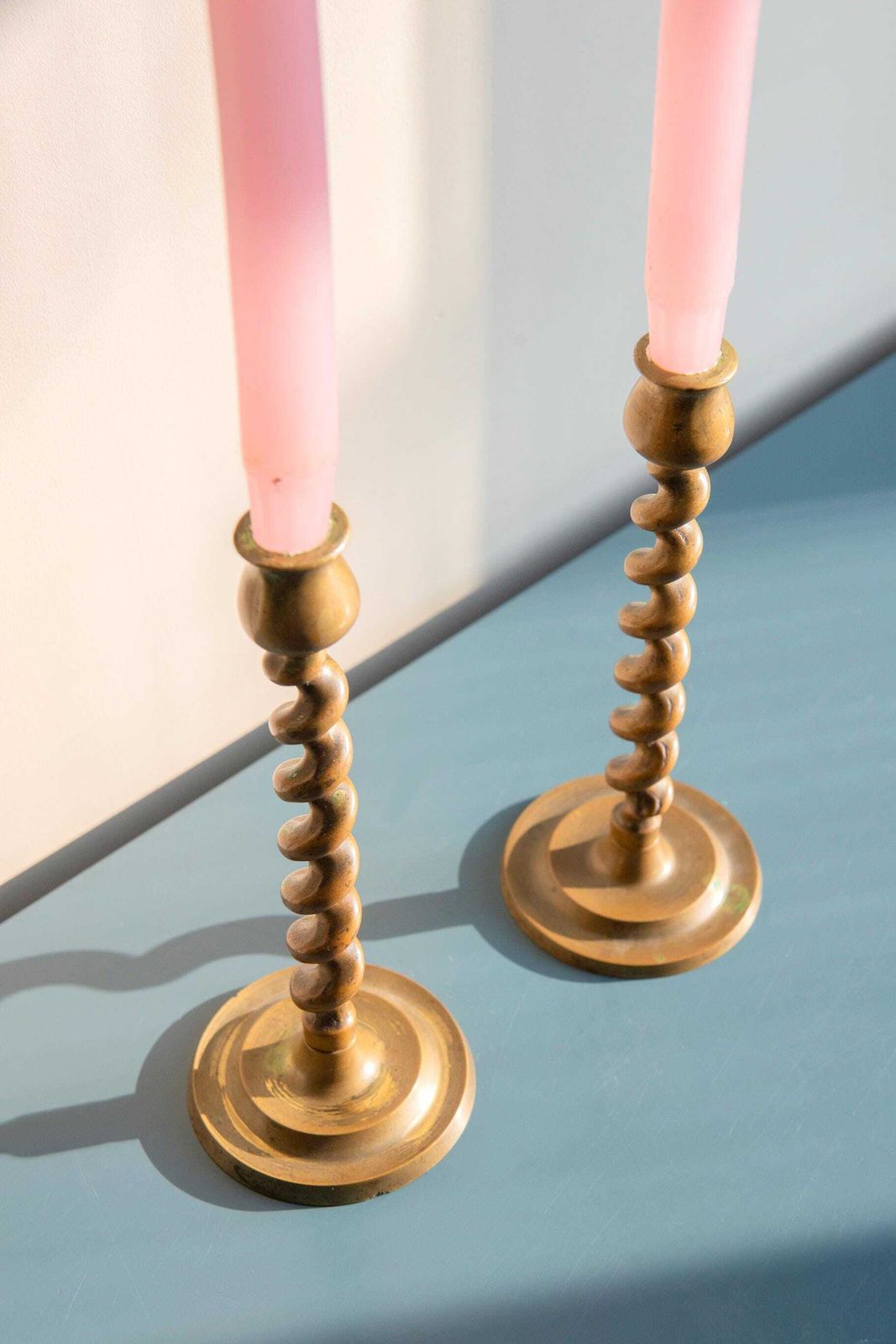 Brass Barley Twist Candle Holders, Two English Victorian Turned Candlesticks, Patina, Antique Twisted Golden Candelabra, Rustic Home Decor photo Home Decor