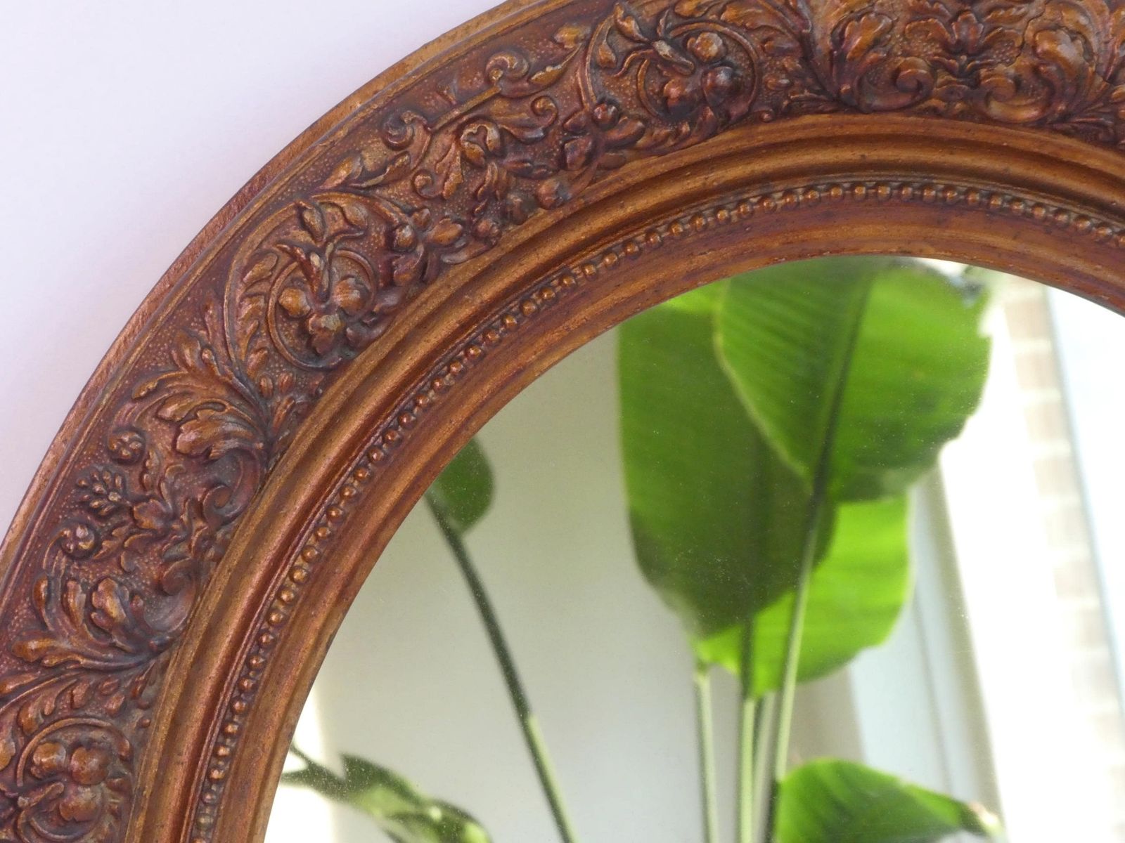 French Antique Oval Ornate Large Wall Mirror, Carved Plaster Mirror With Floral Design, Brown Wall Hanging photo Home Decor