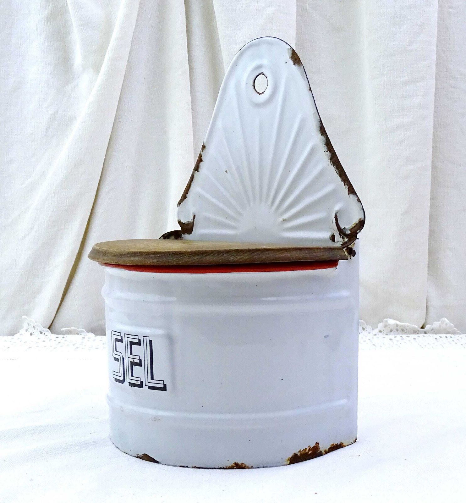 Antique White Enamel Wall Mounted Salt Box With Wooden Lid Black Lettering Sel, Vintage Country Cottage Farmhouse Kitchen Decor From France photo for sale