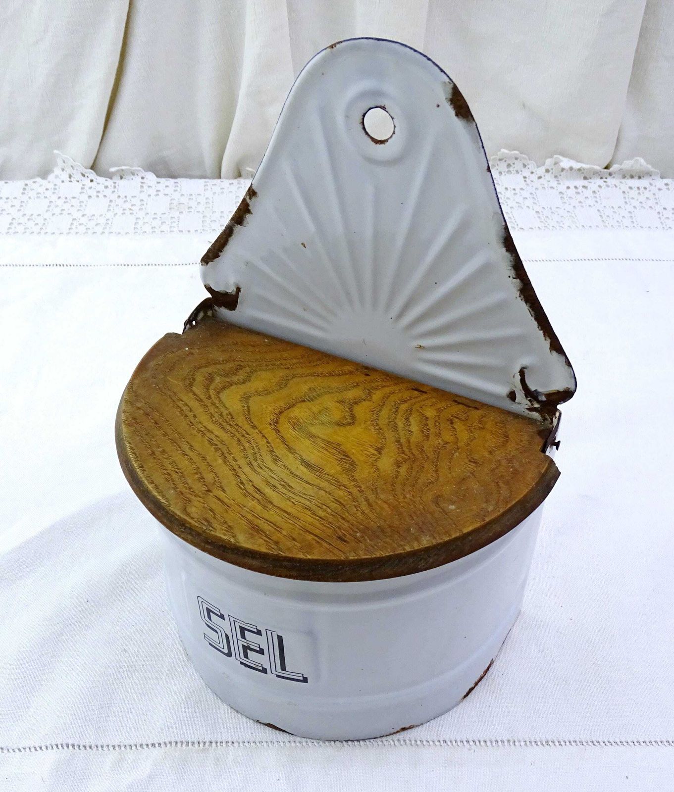 Antique White Enamel Wall Mounted Salt Box With Wooden Lid Black Lettering Sel, Vintage Country Cottage Farmhouse Kitchen Decor From France photo vintage