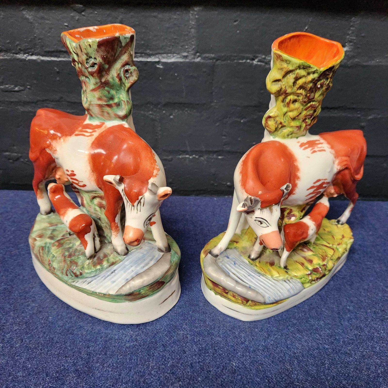 Pair Spill Vases, Victorian Staffordshire Flat Back Cow's With Calf photo furniture