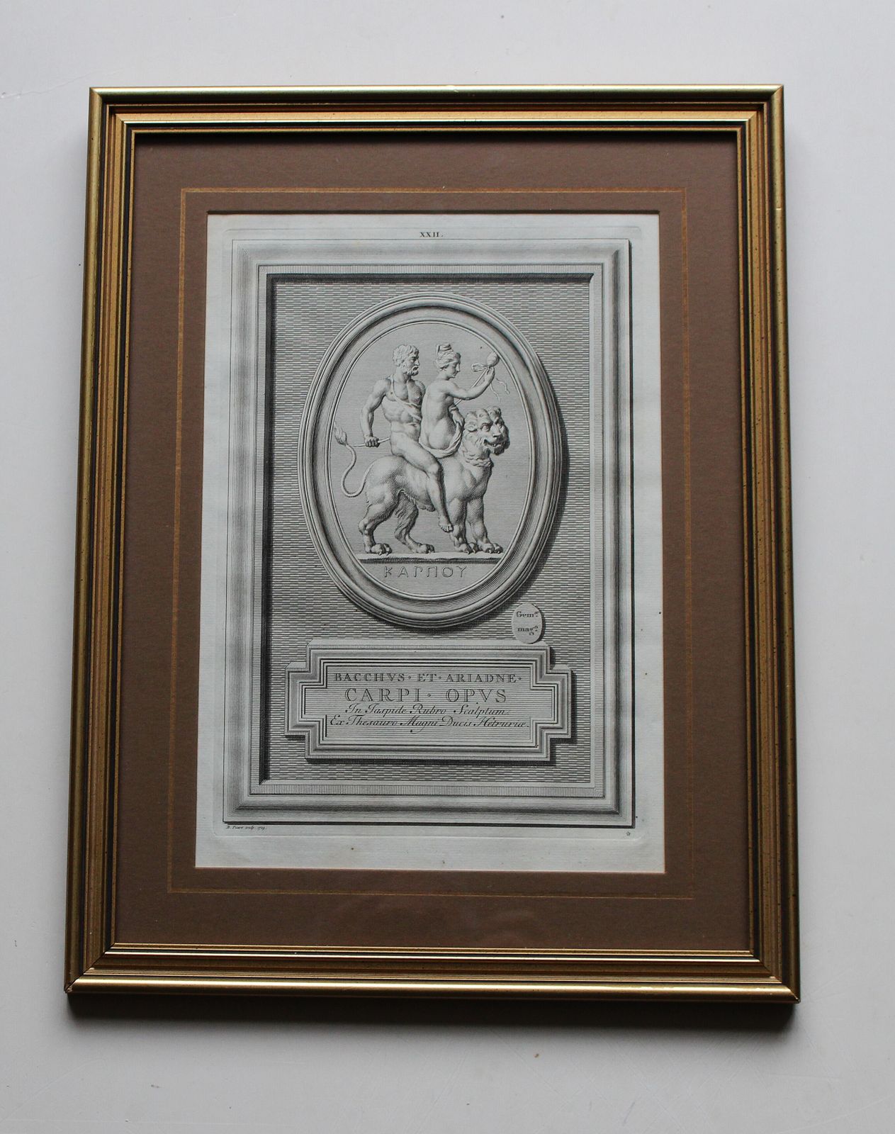 18th Century Antique Engraving Of Bacchus And Ariadne Magnified Gemstone.By Bernard Picart 1722
