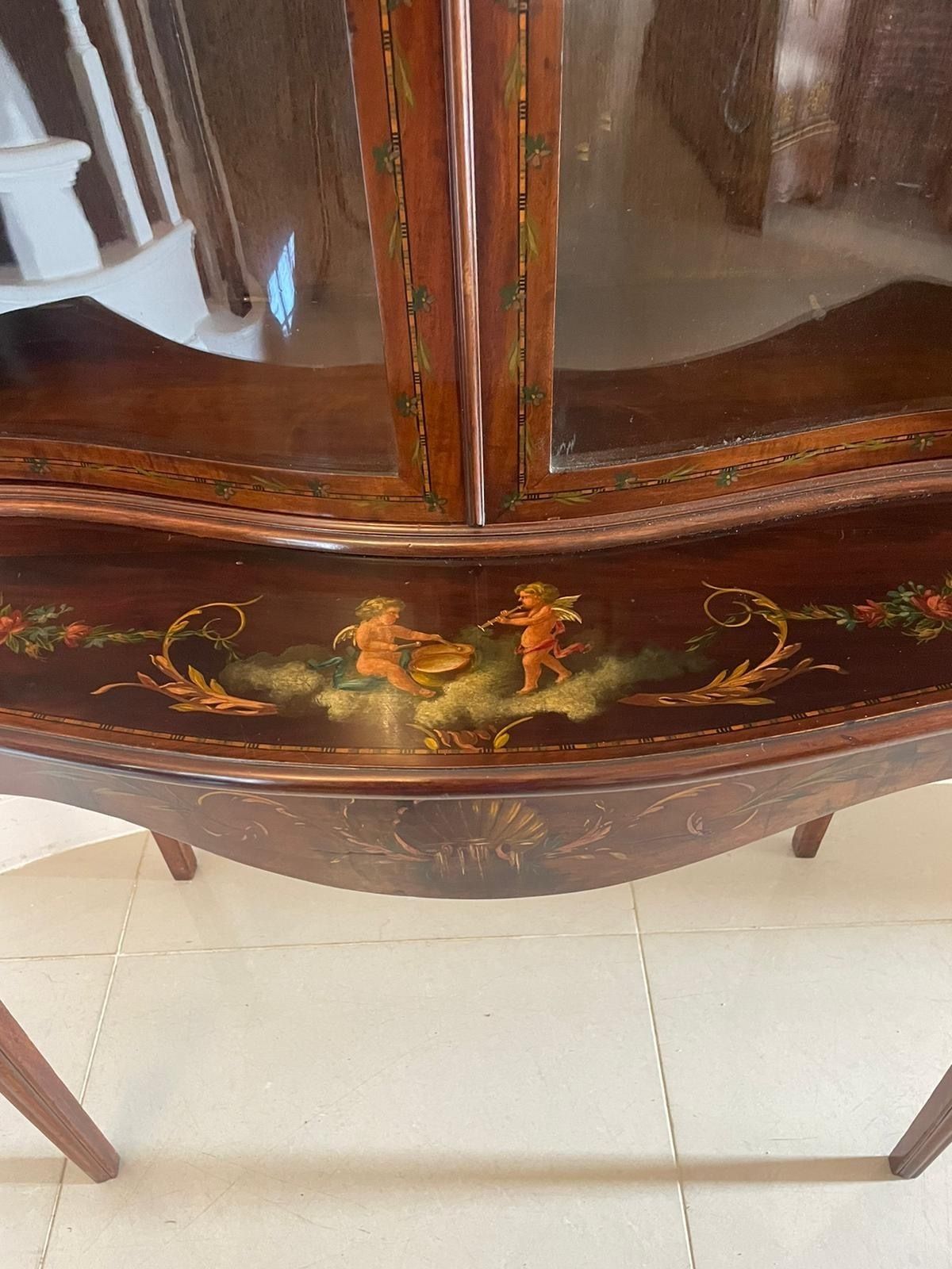 photo for sale Antique 19th Century Quality Mahogany Display Cabinet With Original Painted Decoration