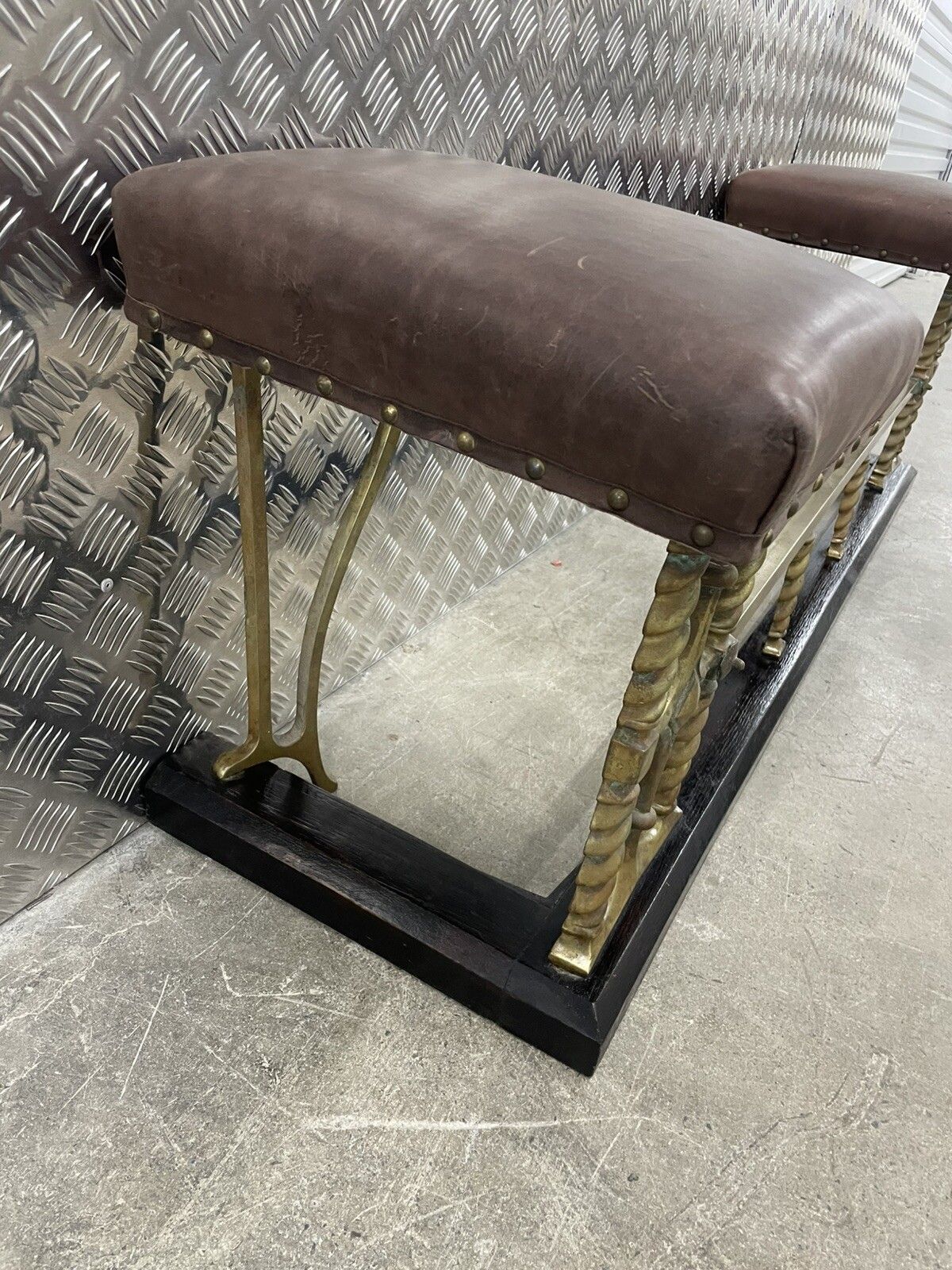 photo for sale Victorian Club Fender Antique Fire Fender Seat Brass Brown Leather Top 🚚Ava