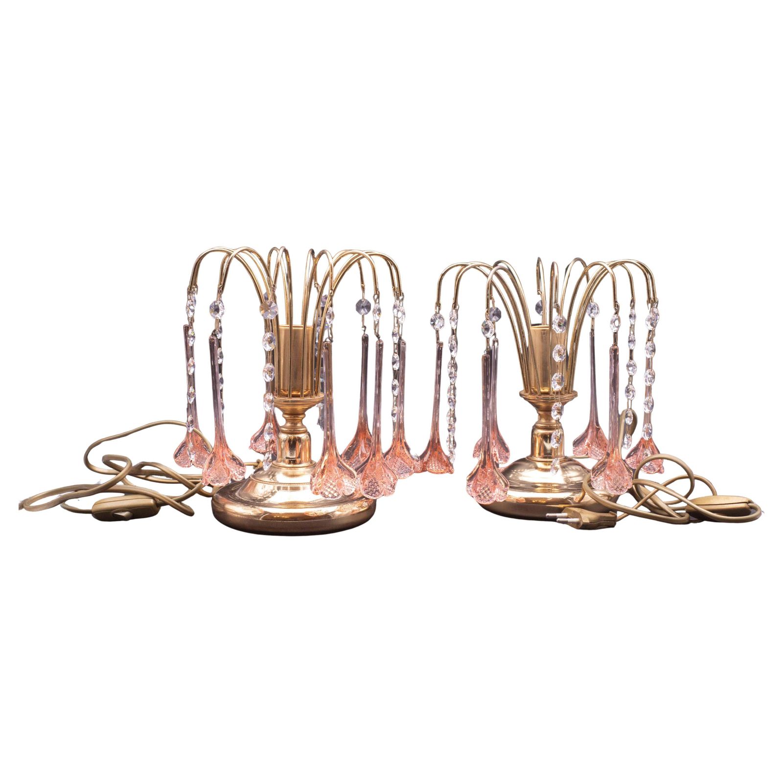 Set Of 2 Brigitte Bardot, Pink Drops Crystal And Murano Glass Table Lamp, 1980s