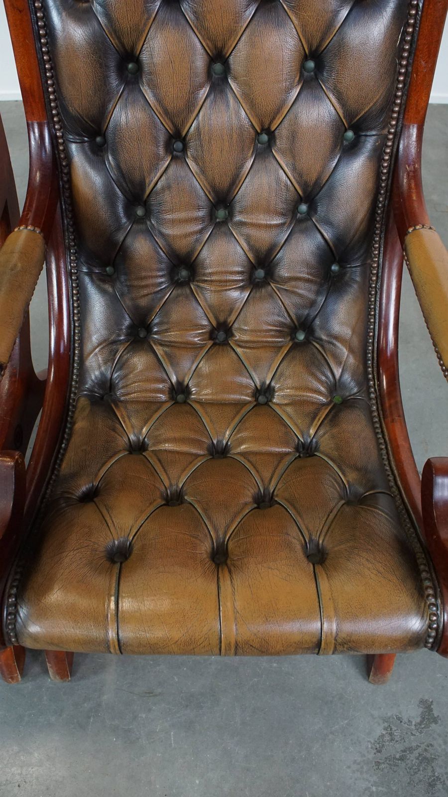 Set Of 2 Elegant And Characterful Green Vintage Cowhide English Chesterfield Armchairs Combined With Wood photo vinterior