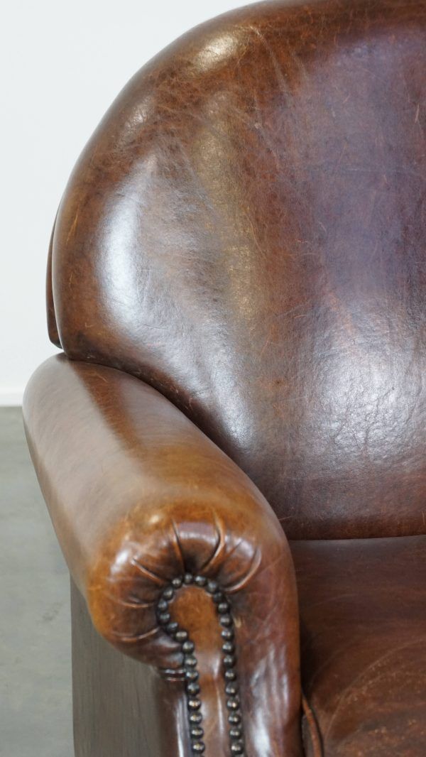 photo furniture Classic, Dark, Good Condition Sheepskin Armchair With Beautiful Round Shapes And On Wheels