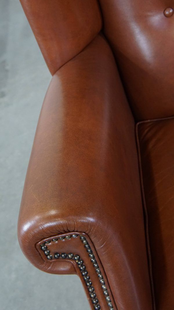 Large Cognac Colored Cowhide English Style Wing Chair In Good Condition photo buy