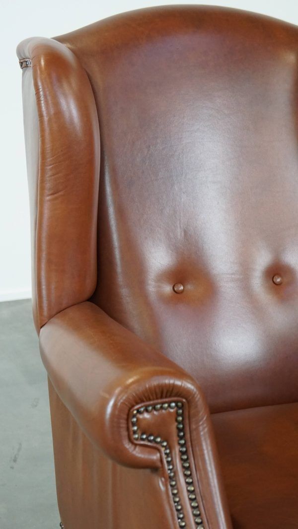 photo for sale Large Cognac Colored Cowhide English Style Wing Chair In Good Condition