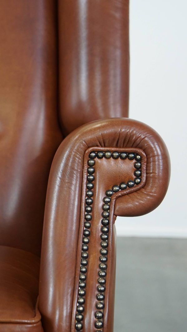 Furniture Large Cognac Colored Cowhide English Style Wing Chair In Good Condition photo