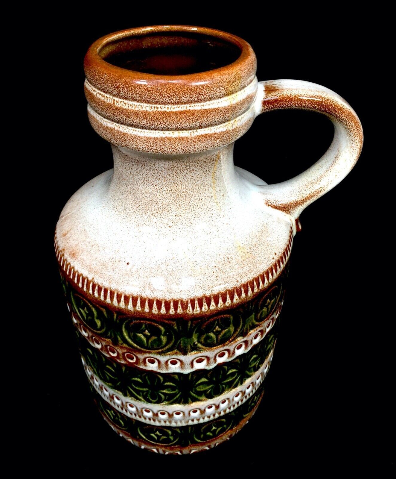 Vintage West German Pottery Fat Lava Vase / Jug Green & Cream 1970s / Large photo for sale