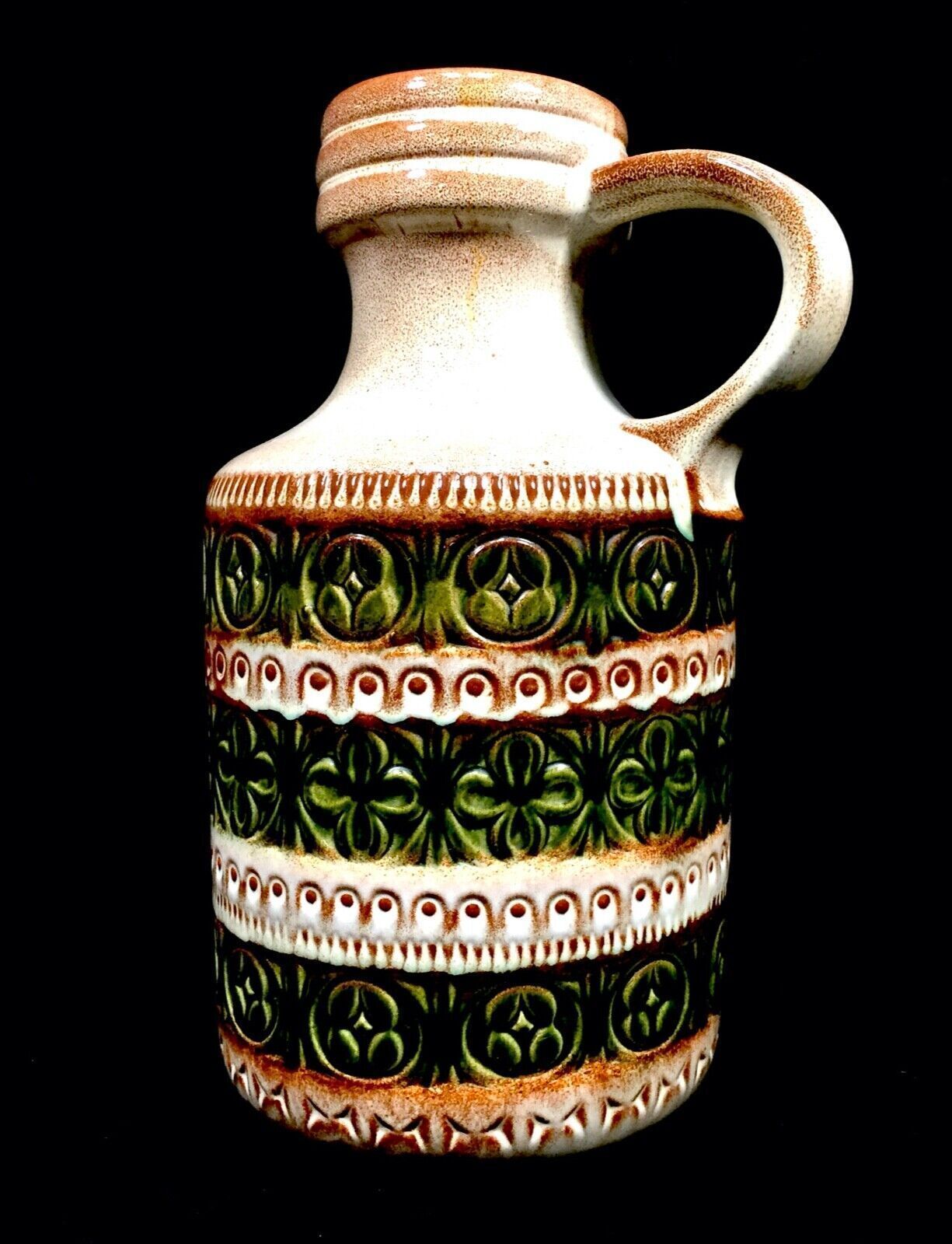 Vintage West German Pottery Fat Lava Vase / Jug Green & Cream 1970s / Large photo Home Decor