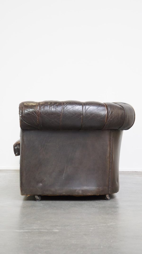 Old Dark Brown 3 Seater Cowhide Chesterfield Sofa With Lots Of Character photo for sale