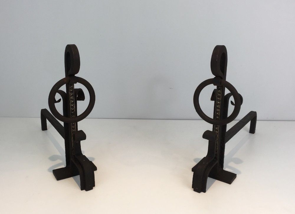 Pair Of Arts & Crafts Wrought Iron And Brass Andirons. photo Home Fixtures