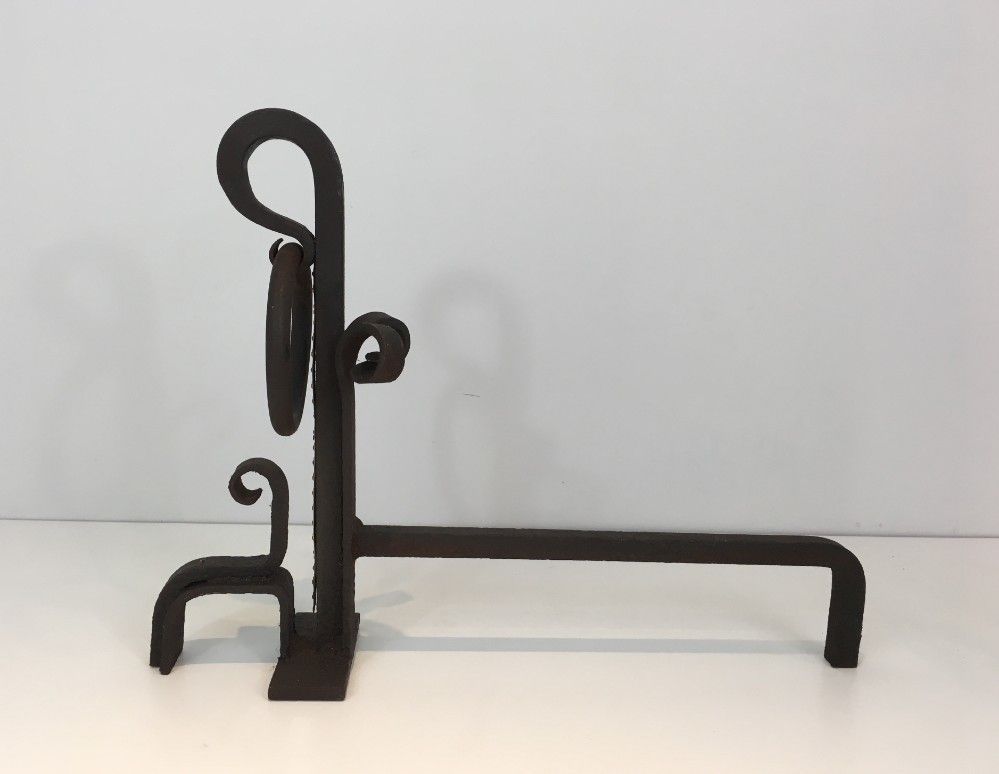 Pair Of Arts & Crafts Wrought Iron And Brass Andirons. photo vintage