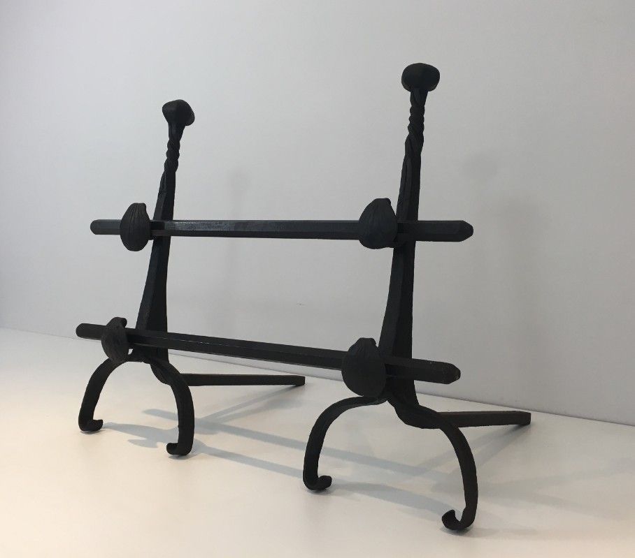 Pair Of Wrought Iron Andirons With Double Bars. French.