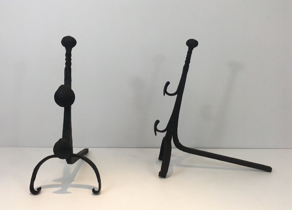 Pair Of Wrought Iron Andirons With Double Bars. French. photo 550.0