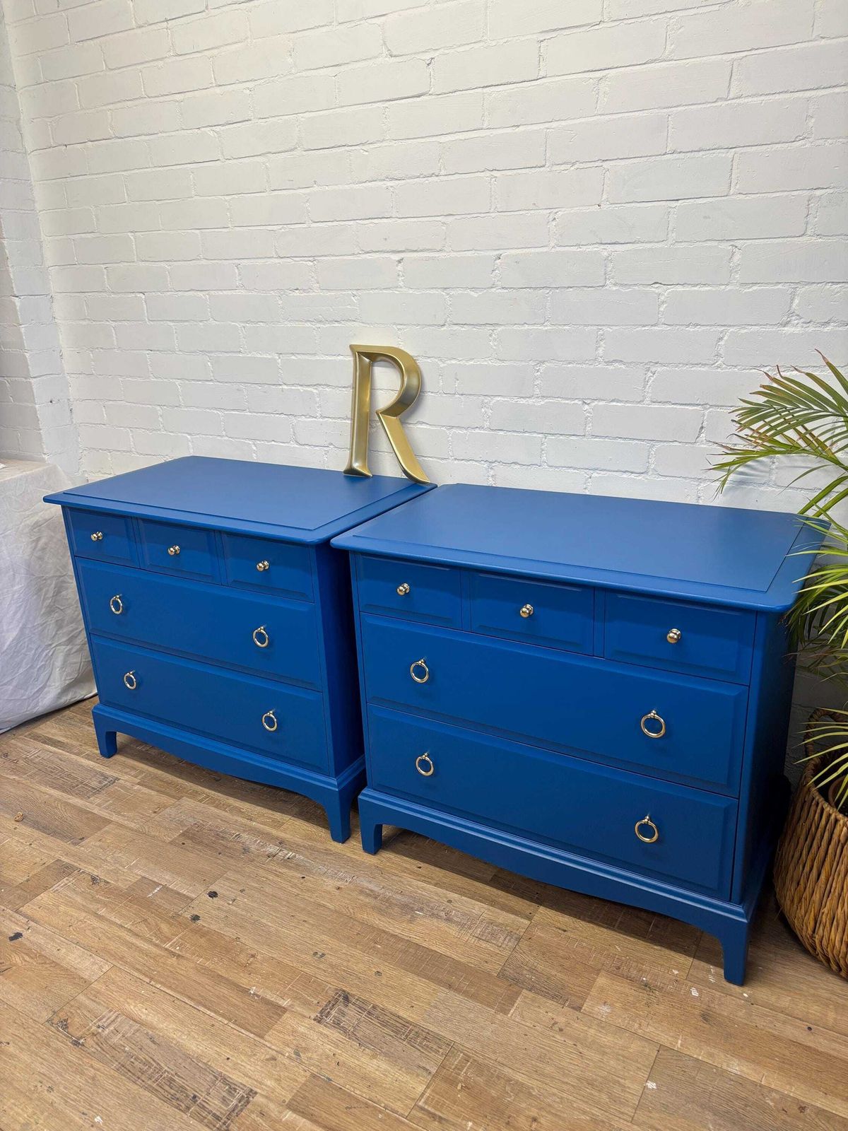Stag Minstrel Pair Of 3 Over 2 Chest Of Drawers Painted Blue photo for sale