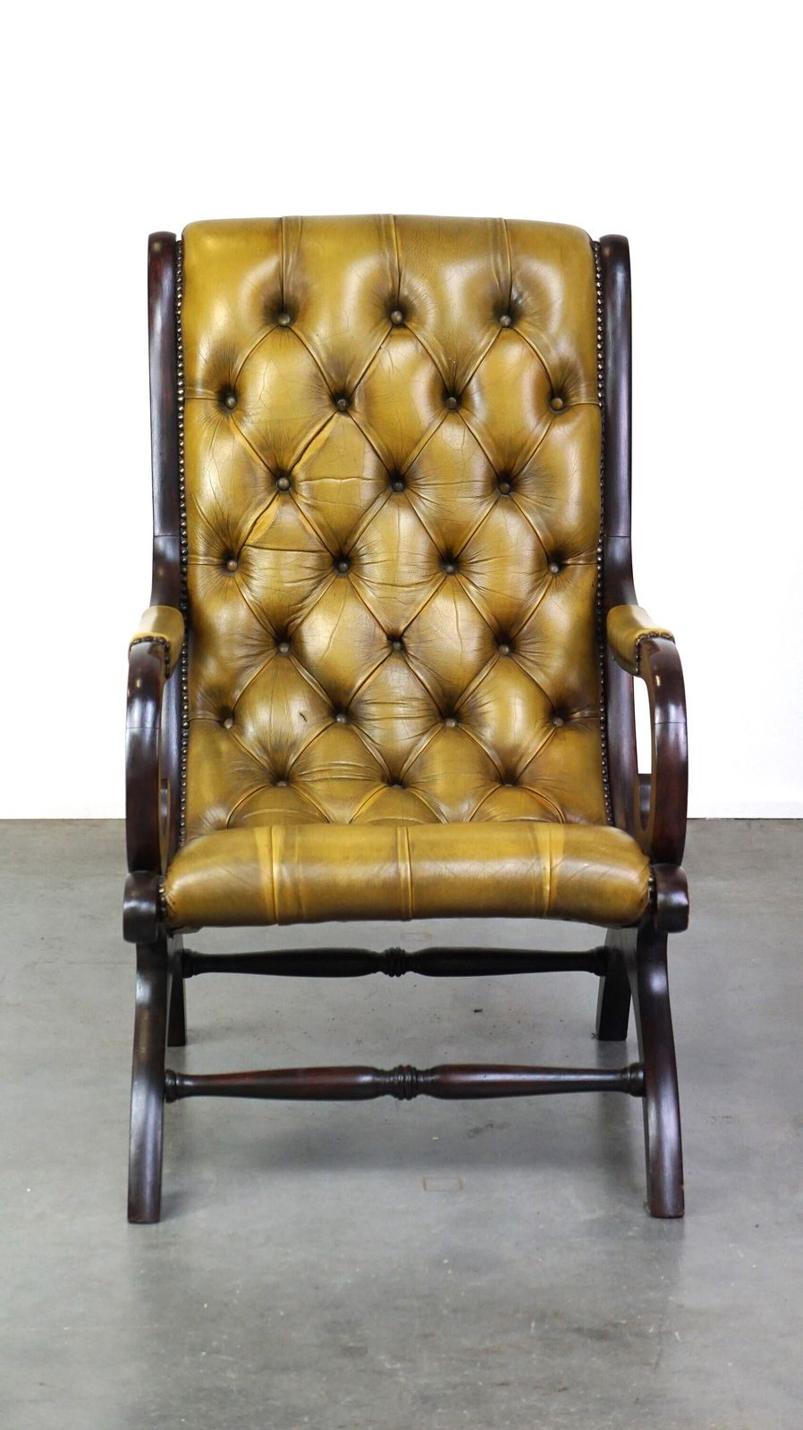 Elegant Cow Leather Chesterfield Armchair Combined With Wood photo for sale