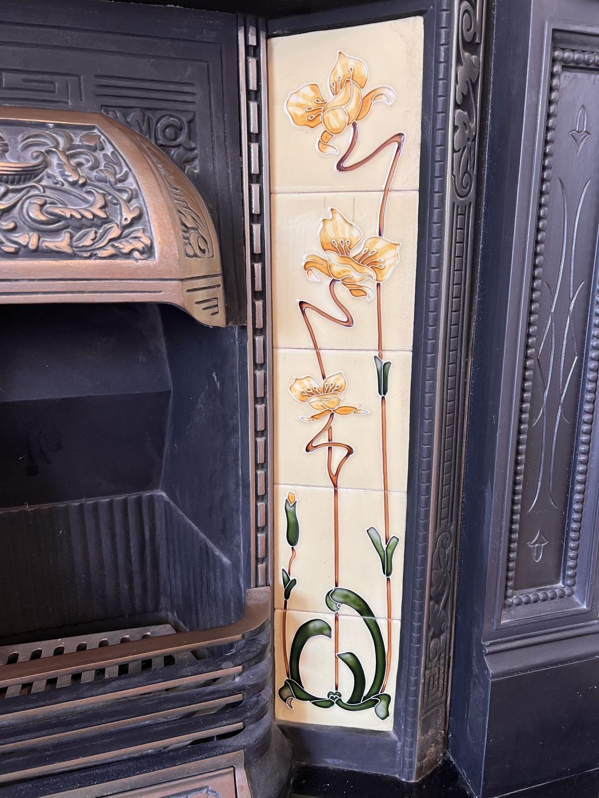 Home Fixtures Art Nouveau Cast Iron Fireplace With Tiled Flower Decoration – Original 1930s Feature From Wanstead, London photo