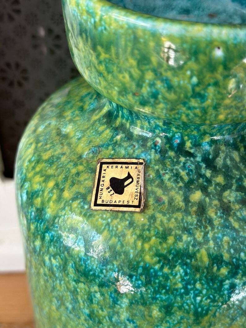 Hungarian Elegance: Hand Painted Ceramic Vase   Large, Green Glaze With Dappled Effect   Industrial Artistry For Stunning Floral Displays! photo furniture