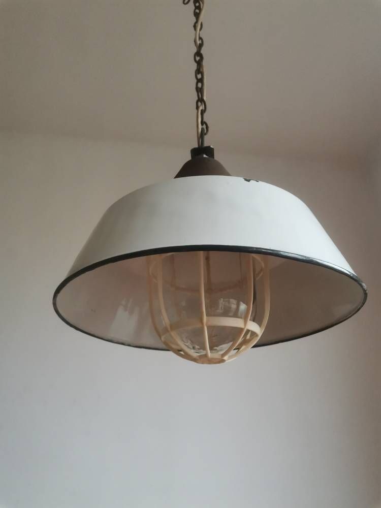 Industrial White Factory Cow Shed Hungarian Pendant Large Lamp Lighting Kitchen Refurbished photo vintage